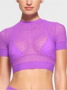 SKIMS Lavender Purple Sheer Mesh Short Sleeve Crop Top with Rhinestones